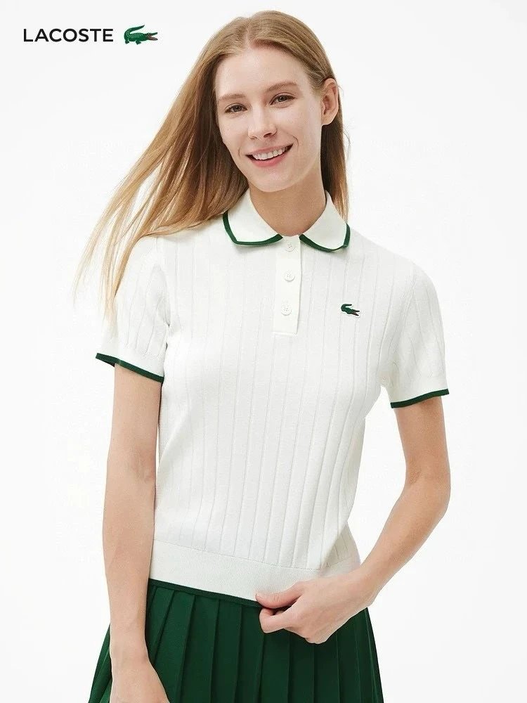 Lacoste Shirt Ribbed Short Sleeve Polo White Green