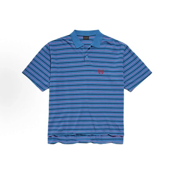 (Flash Sale! Clearance!! Final Sale, No Returns or After-Sales Service) 25SS Double B Embroidered Blue Striped Short-Sleeve Polo Shirt, Relaxed Fit Men's Style with Washed Shoulder Seam Distressing/Random Hem Wave Wrinkles/3D Thick Embroidery