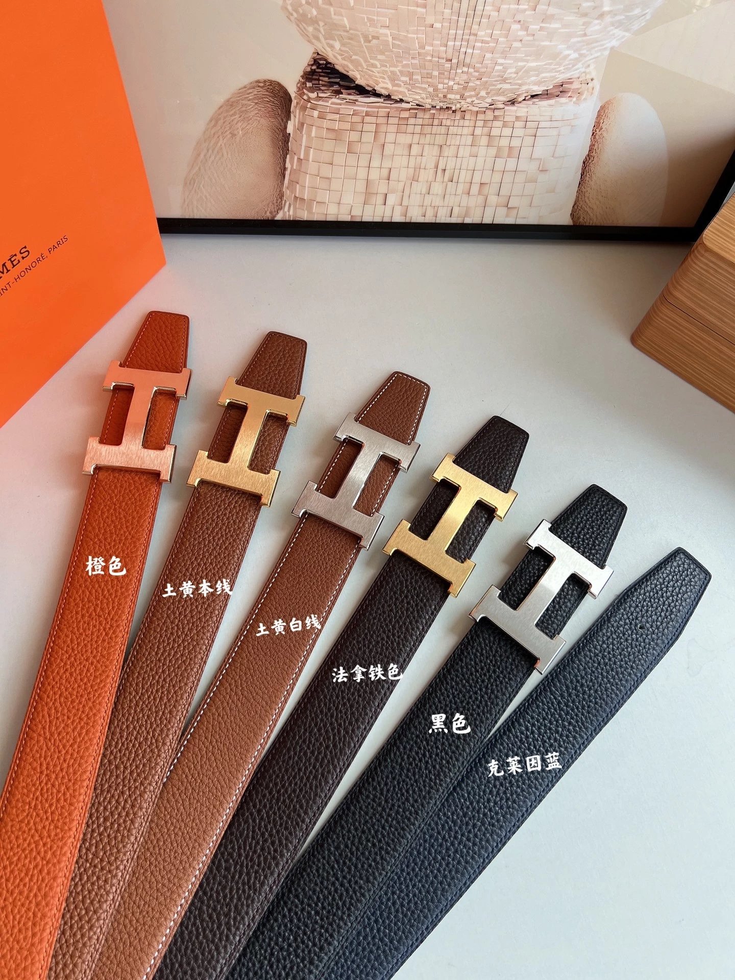 **Original New Hermès Men's Belt 3.8CM Imported Togo Leather Double-Sided Pebble Grain Reversible Belt Stainless Steel Hardware H Buckle Belt for Business Casual Outfits