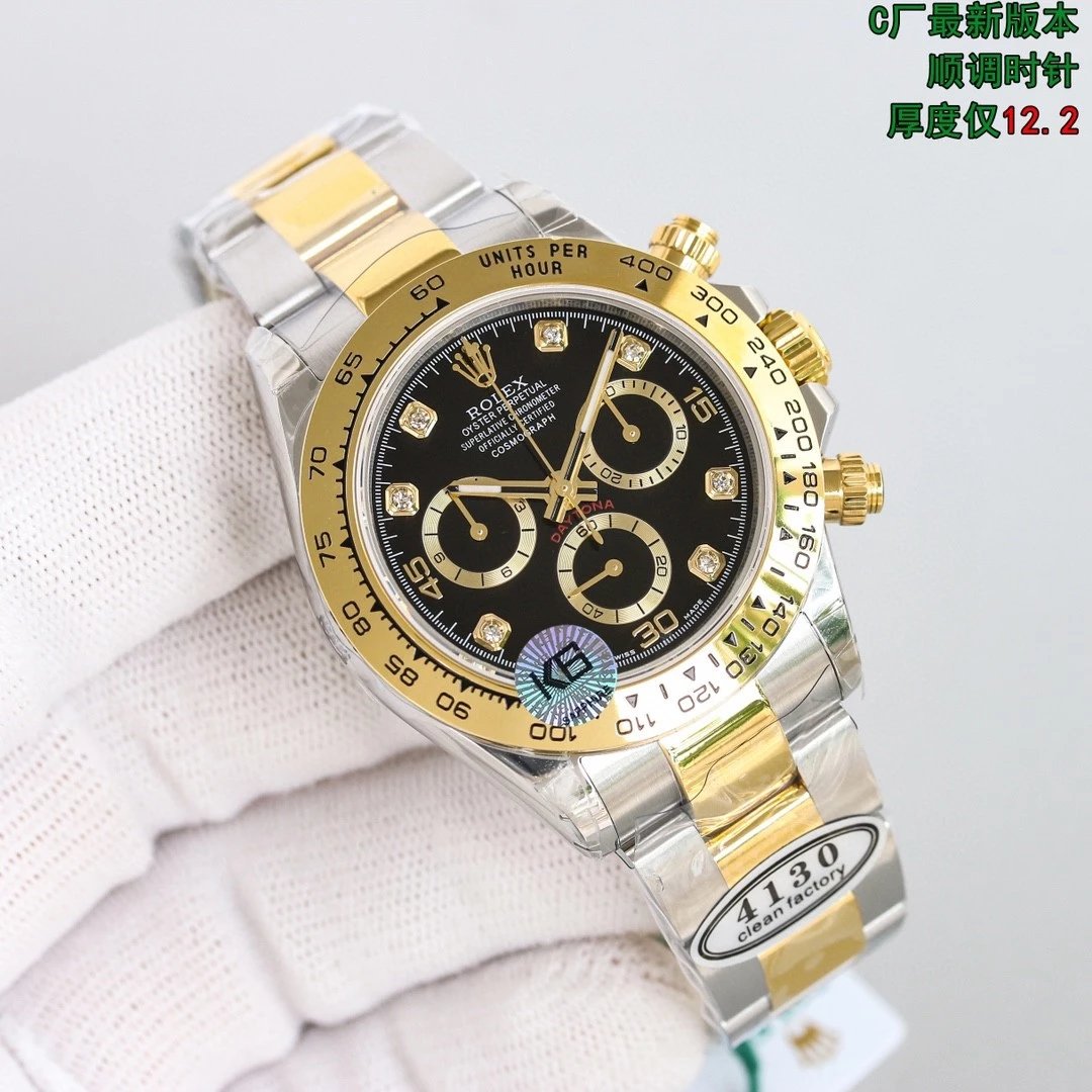 Two-Tone Yellow Gold Black Dial · Diamond Indices · Steel Strap