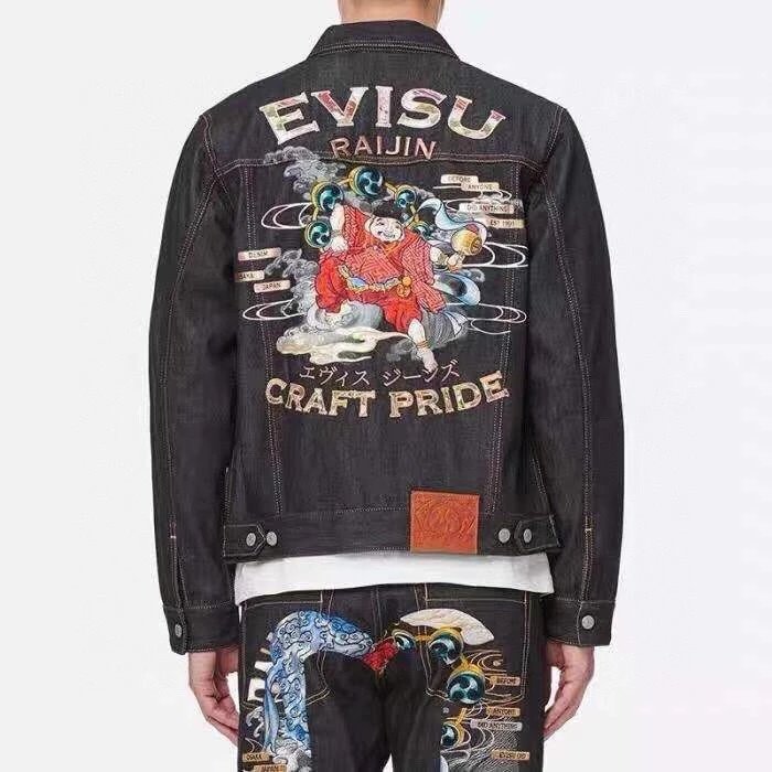 EVISU Fukujin Raijin Embroidery Raw Denim Jacket - Wang Yibo Inspired ⚠️ Original Fabric ⚠️ High Version ⚠️ Premium Quality Influencer & Celebrity Favorite Small M Embroidery Multi-Pocket Visible Stitch Heavy-Duty Denim Jacket