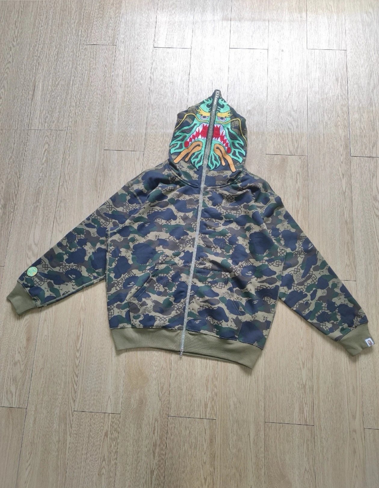 BAPE x CLOT Collaboration SS25 Camo All-Over Print Logo Embroidered Zip-Up Jacket