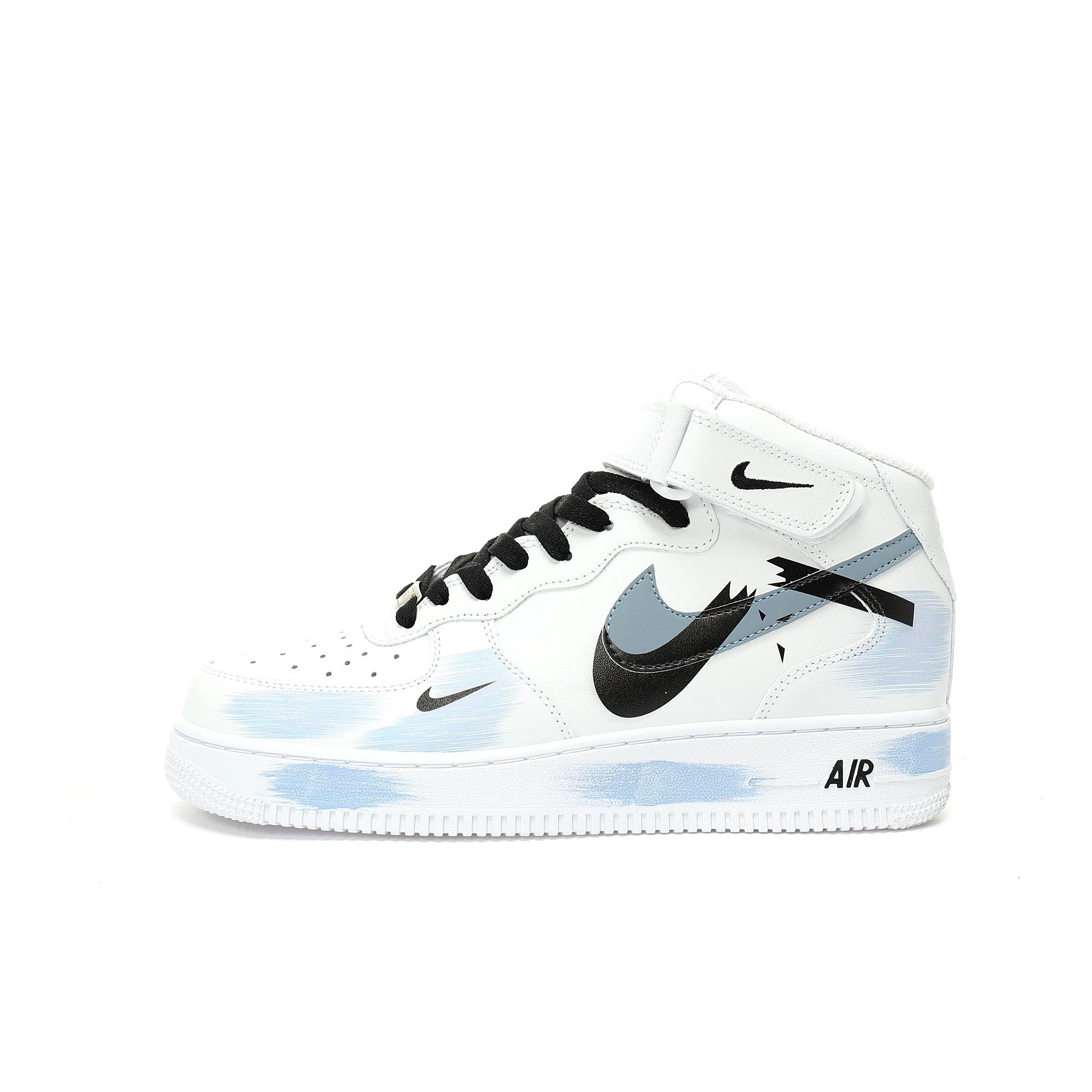 耐克Nike Air Force 1'07 Mid"White/Blue/Black/Graffiti"空军一号系列中帮经典百搭休闲运动板鞋“皮革白天蓝黑断钩涂鸦”ZH0316-056