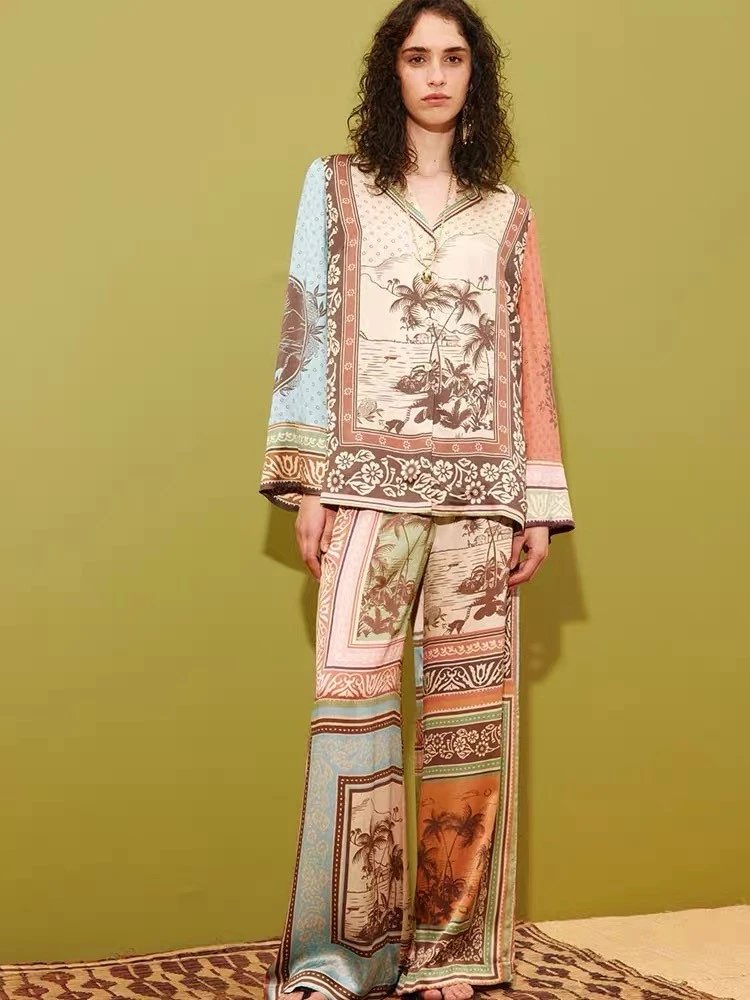 Authentic Niche ALEMAIS Australian 26 Resort Coconut Tree Print Silk Long Sleeve Top/High Waist Wide Leg Pants Alberta