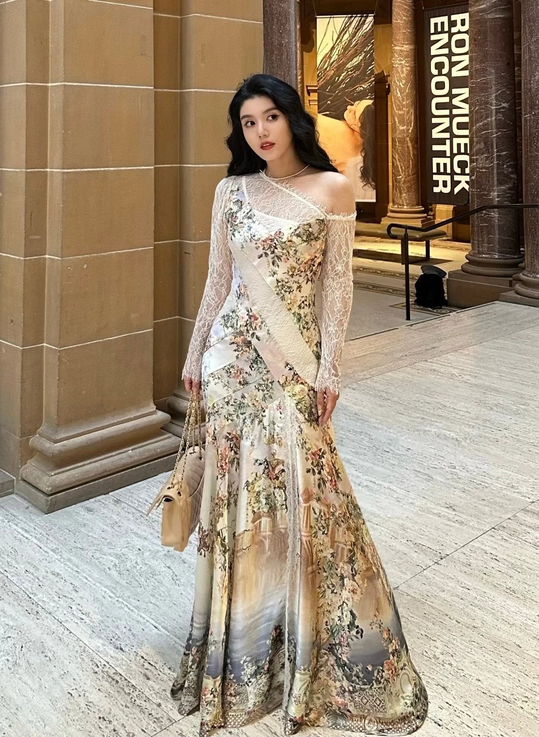 Haute Couture Standard Camilla Australian 26 Orange-Pink Floral Print Spliced Lace Off-Shoulder Long Sleeve Silk Maxi Dress