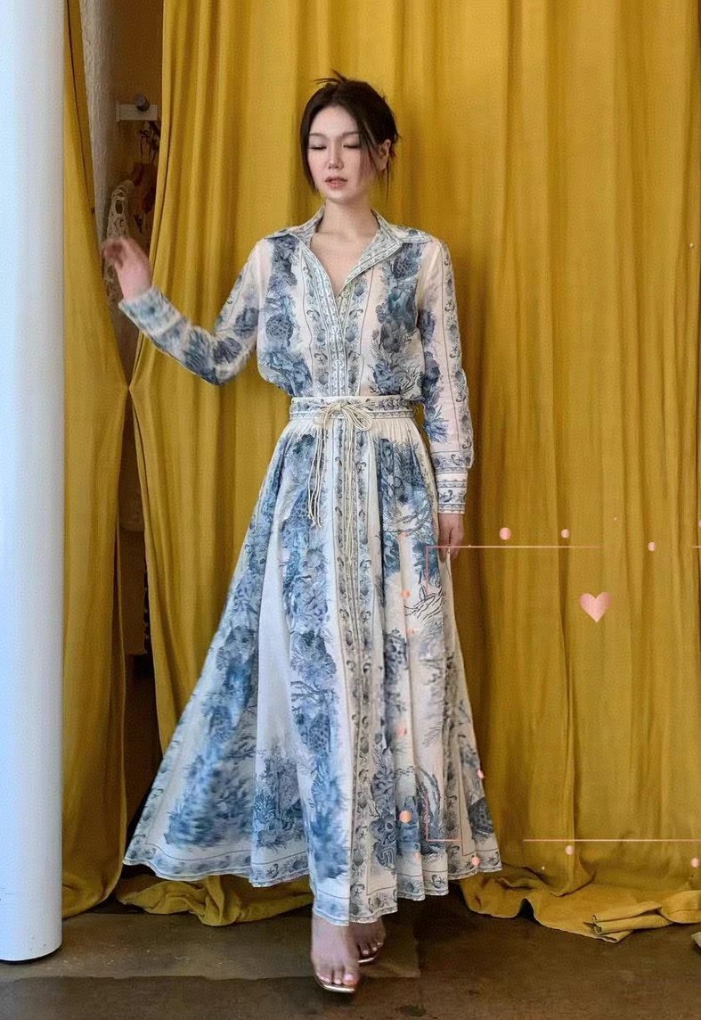 Authentic Zimmermann Australia Size 26 Vacation New Arrival WANDERLUST Blue-and-White Porcelain Print Retro Shirt / A-Line Long Skirt