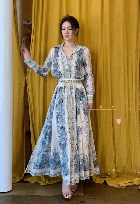 Authentic Zimmermann Australia Size 26 Vacation New Arrival WANDERLUST Blue-and-White Porcelain Print Retro Shirt / A-Line Long Skirt