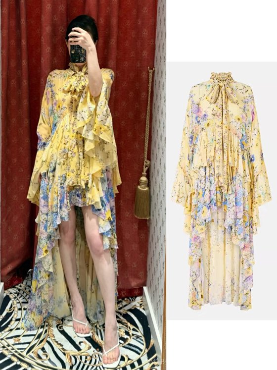高定标齐Camilla澳洲26Darling Buds 真丝高领系带前短后长拖尾印花镶钻连衣裙礼服裙