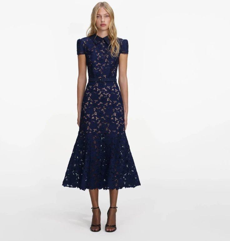 Authentic with Tags Removed Self Portrait 26 Early Spring New Navy Blue Classic Lace Embroidered Mermaid Dress