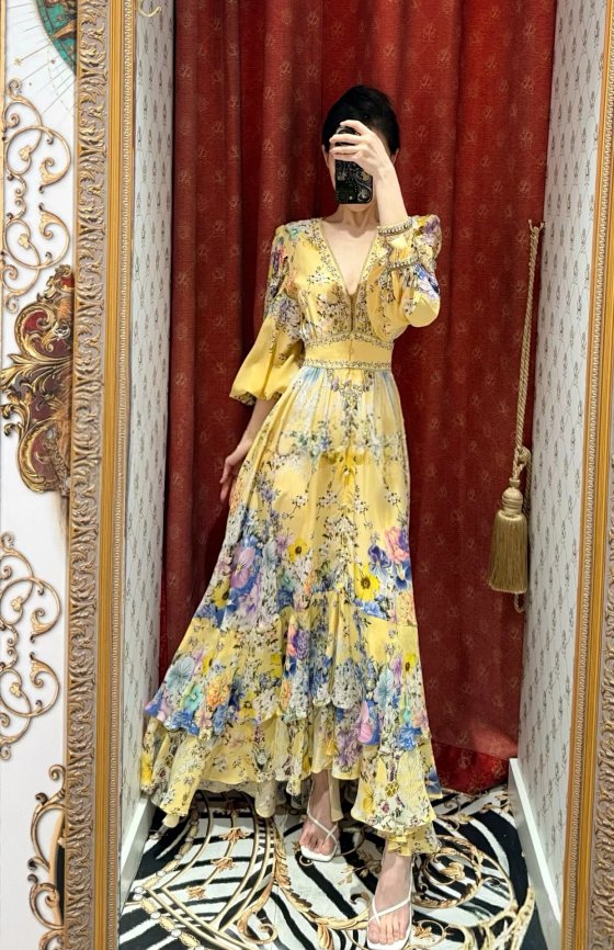 Haute Couture Camilla Australia Darling Buds Print Rhinestone Maxi Vacation Dress