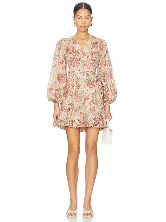 Genuine Zimmermann Australian 2026 New Arrival Puff Sleeve Printed Wrap Cotton Mini Dress