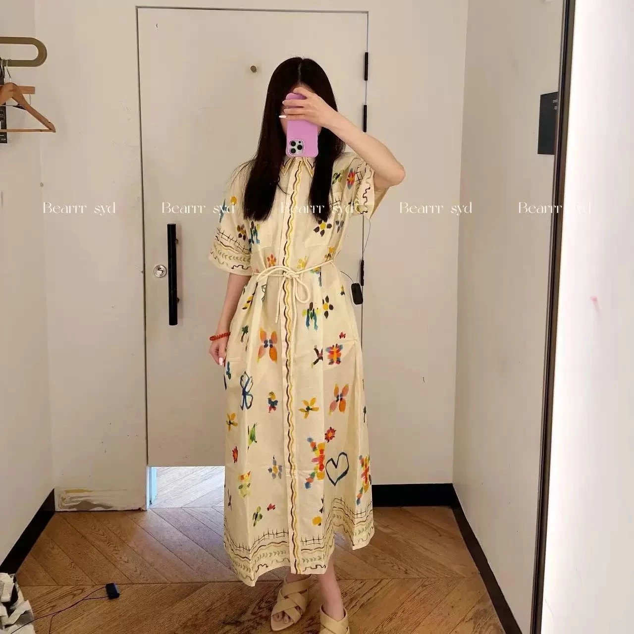 Genuine Niche Alemais Linen-Blend Printed Short-Sleeve Shirt Dress Sidi Dress