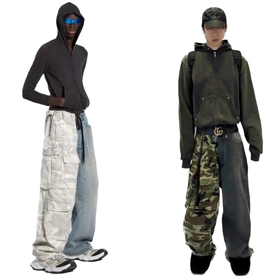 In Stock Special Offer - Military Green Camo/Snow Camo Ba 24SS Autumn Winter New Dual-Tone Pants Hybrid Heavy-Duty Washed Camo Patchwork Jeans Cargo Pants - Custom Fabric, Different from Standard Goods!