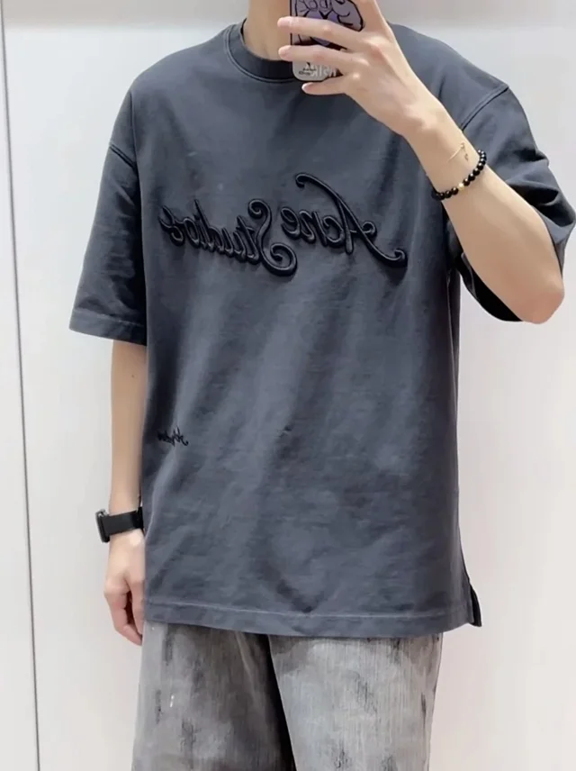 ACN 25SS 春夏新品立体字母高抛绣花LOGO复古水洗黑色圆领短袖T恤
