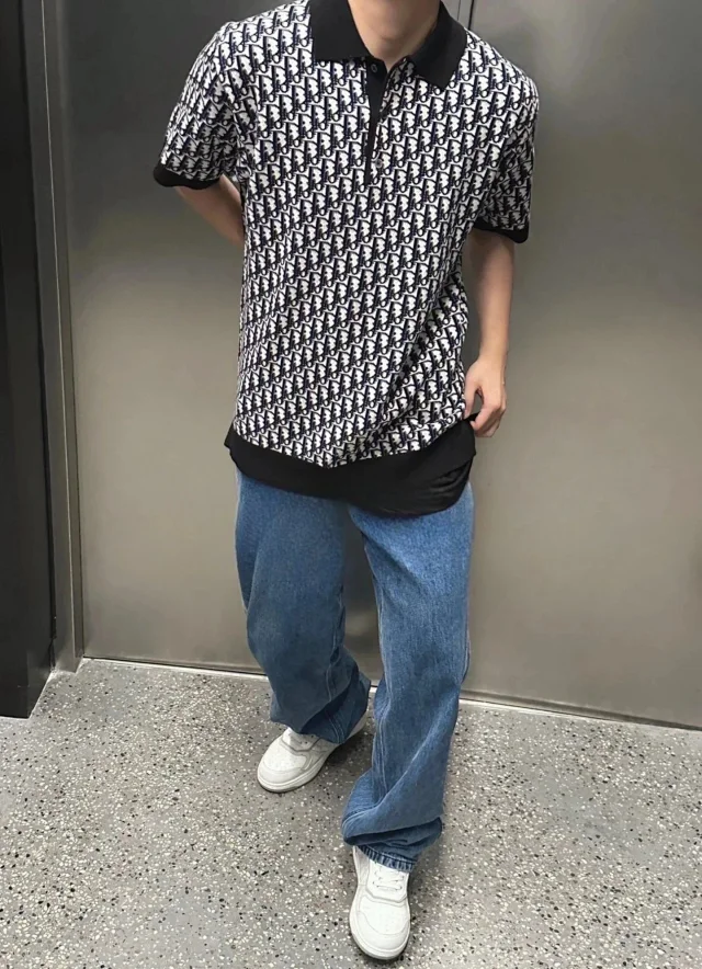 迪奥CD 24SS Oblique满印黑色/米色翻领棉质POLO衫短袖T恤针织短袖