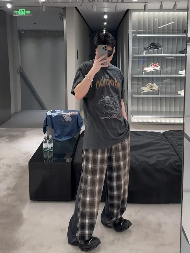 BLCG/巴黎 25SS 经典格纹前后结构拼接抽绳卫裤宽松长裤休闲裤