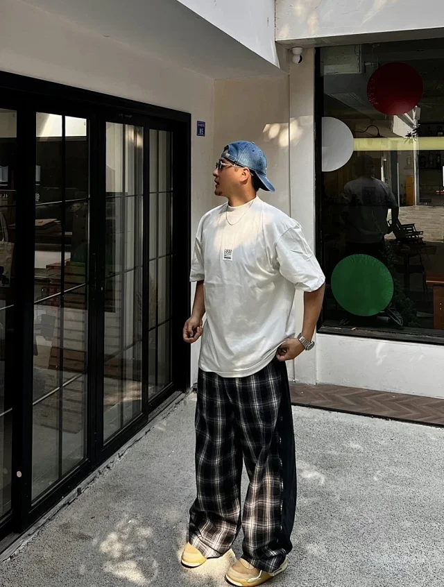 BLCG/巴黎 25SS 经典格纹前后结构拼接抽绳卫裤宽松长裤休闲裤