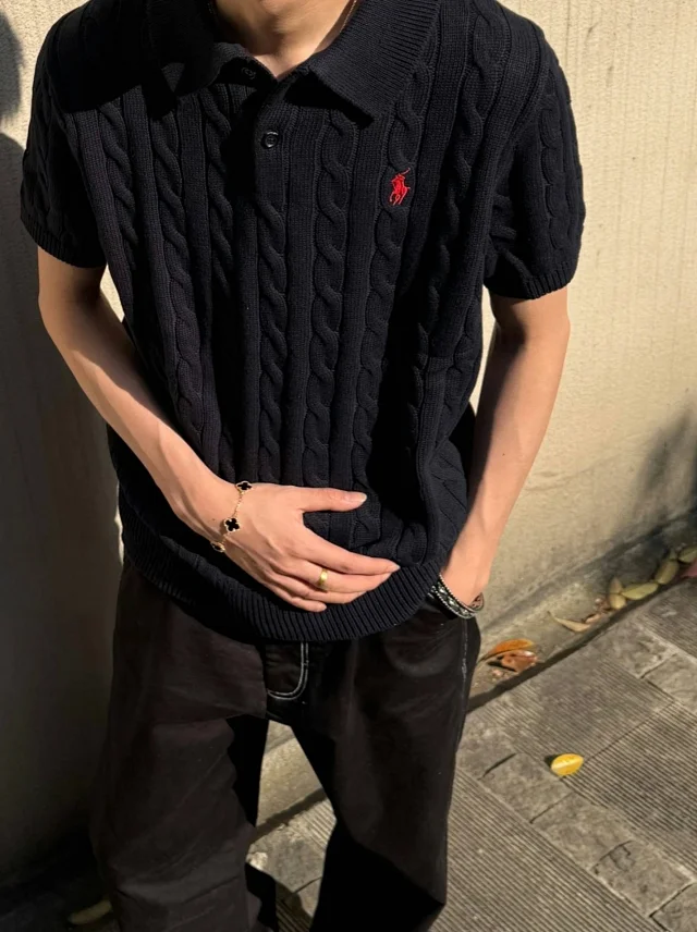 Ralph Lau RL拉夫劳伦 25SS 老钱风小标LOGO刺绣藏青色/白色绞花针织短袖T恤