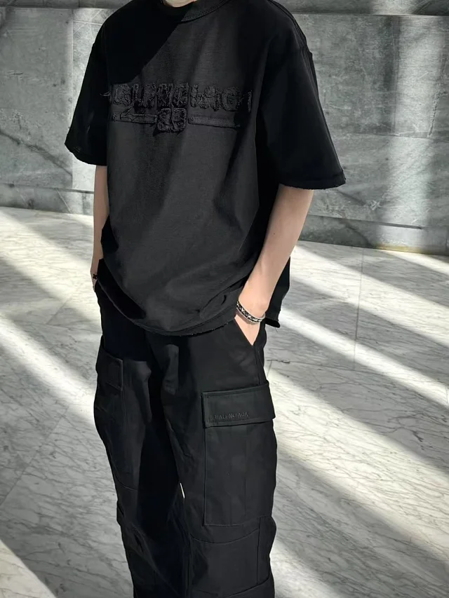 BLCG/巴黎 25SS 春夏贴布字母刺绣LOGO镜面系列复古水洗圆领短袖T恤