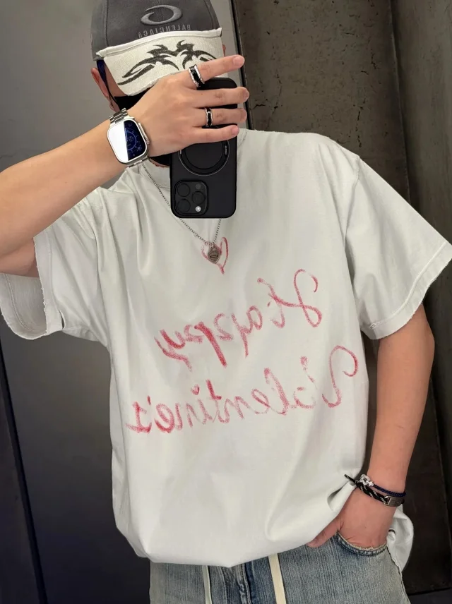 BLCG/巴黎 25SS 春夏情人节限定系列爱心涂鸦手绘LOGO灰白/水洗黑灰短袖T恤