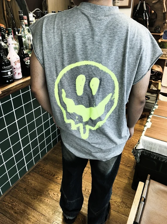 BLCG/巴黎 25SS 春夏DRIPLEY中号溶解笑脸外星人涂鸦印花灰色背心无袖T恤