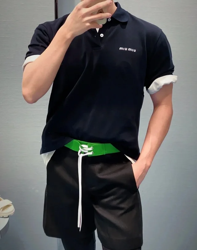 MIU缪 25SS 学院风基础款经典翻领LOGO刺绣藏青色假两件POLO衫短袖T恤