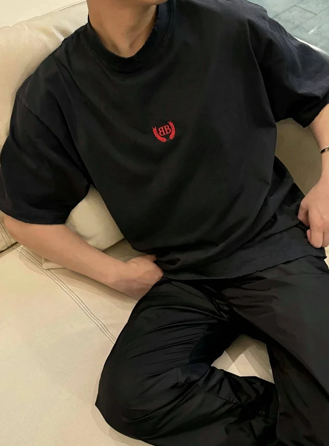 BLCG/巴黎 25SS 春夏麦穗双B刺绣LOGO黑色短袖T恤 
