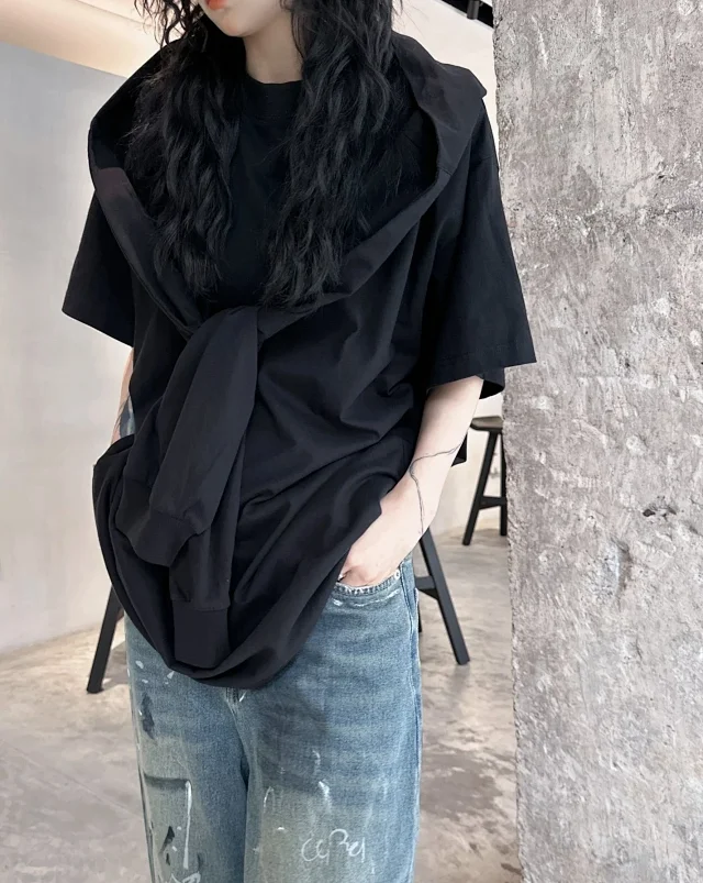 BLCG/巴黎 25SS 双环刺绣LOGO假两件结构拼接连帽短袖T恤 