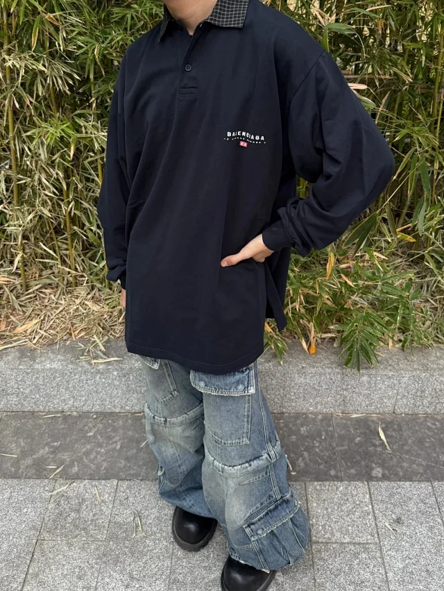 BLCG/巴黎 25SS 早春格纹领小标字母LOGO刺绣翻领拼接长袖POLO衫T恤