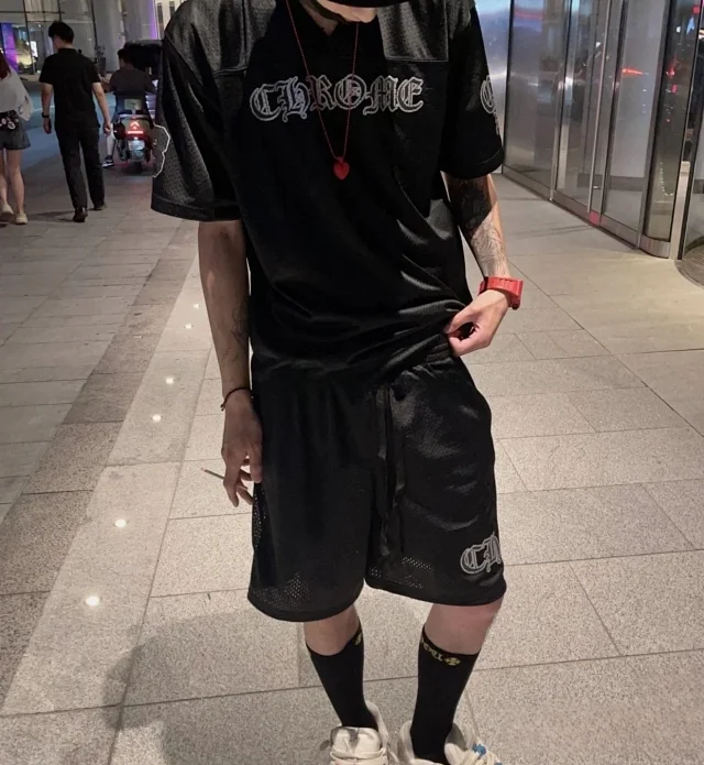 24SS 年度经典藤蔓双袖冰球系列黑色网眼LOGO冰球服短袖T恤/短裤套装