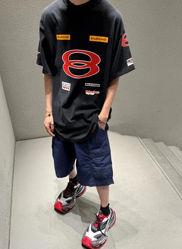 BLCG/巴黎 25SS 春夏多元素赛车手双环水洗破坏黑色宽松短袖T恤