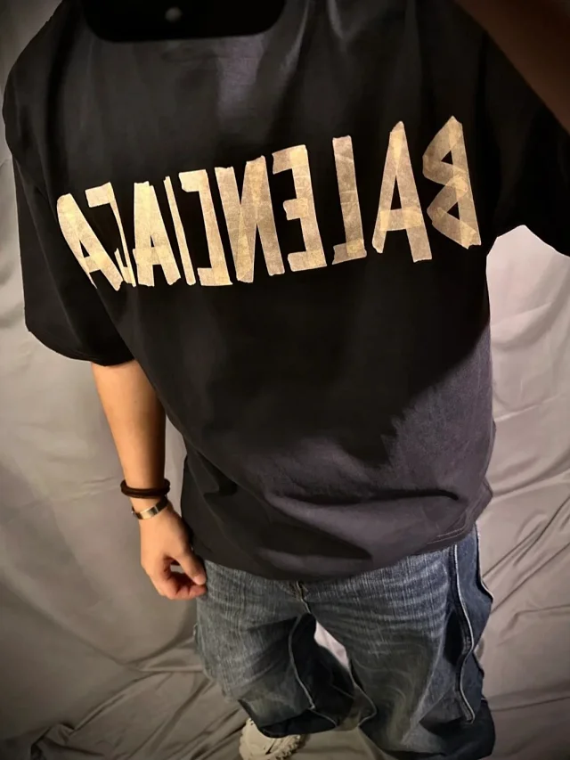 BLCG/巴黎 23SS 前后美纹纸胶带字母LOGO印花水洗磨破坏圆领短袖T恤