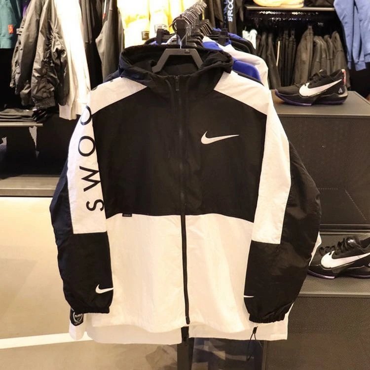 Printed label [Same as counter] Nike sports trench coat men's black and white contrasting splicing spring and autumn new thin hooded jacket men's youth student sports jacket 4131-066 black and red S-2XL