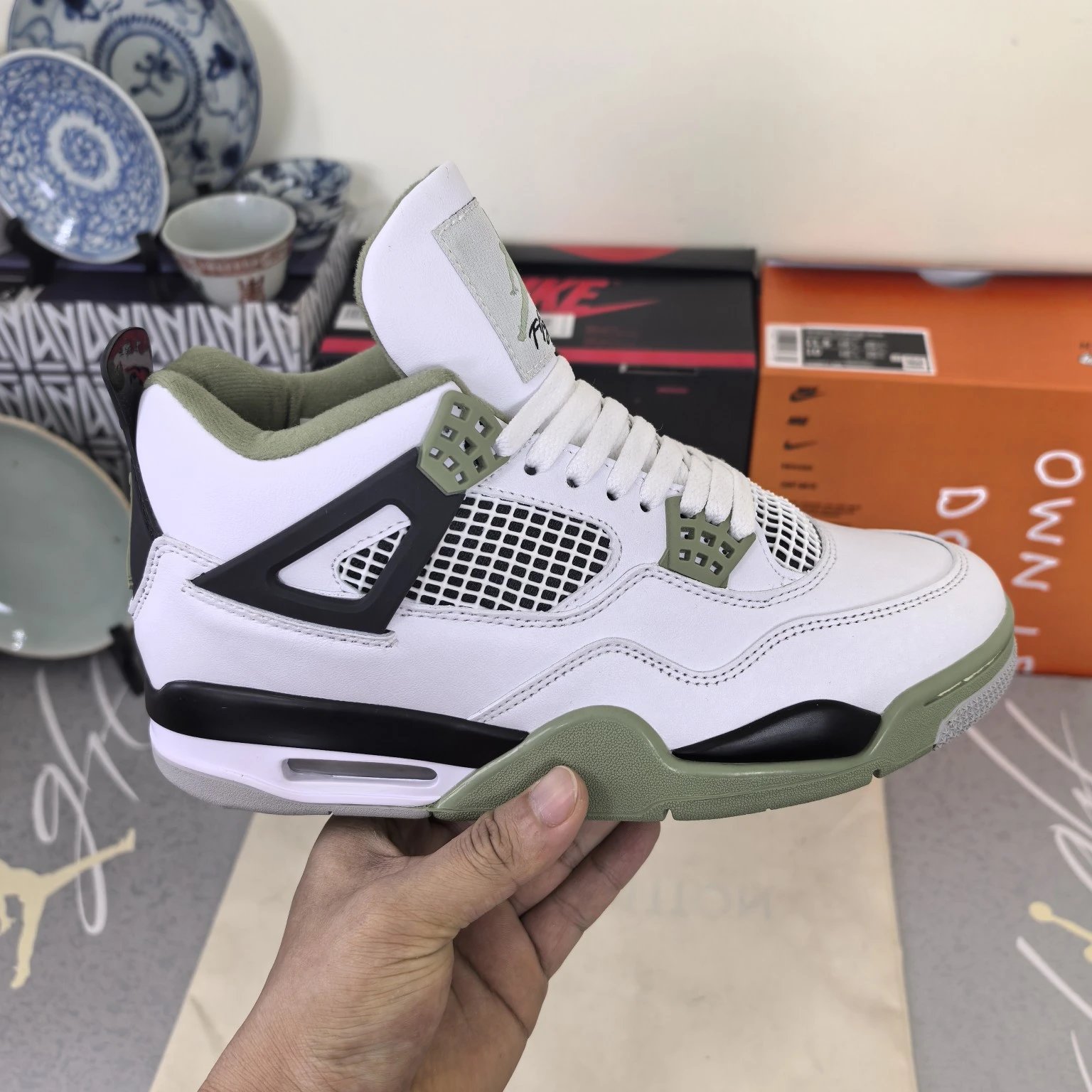 white, black and green