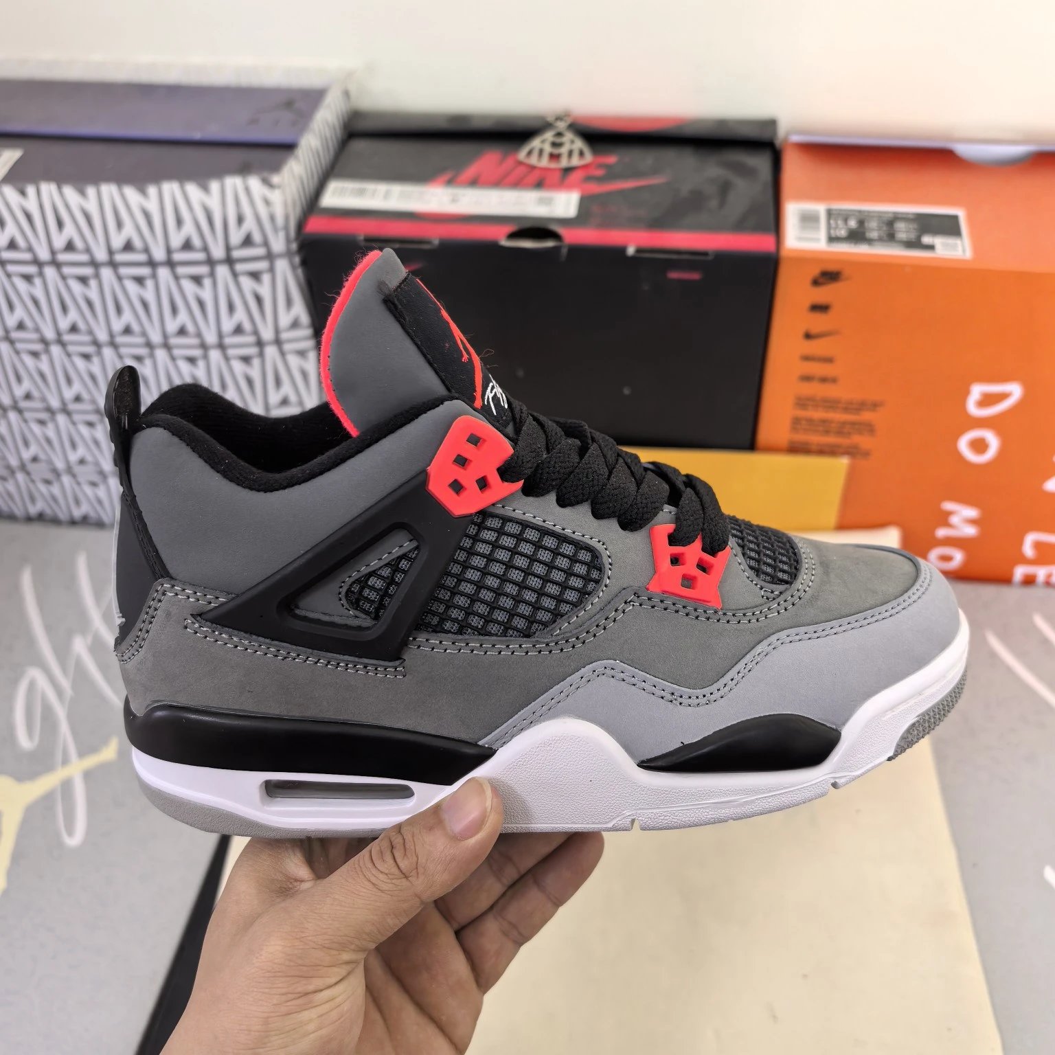 dark gray and red