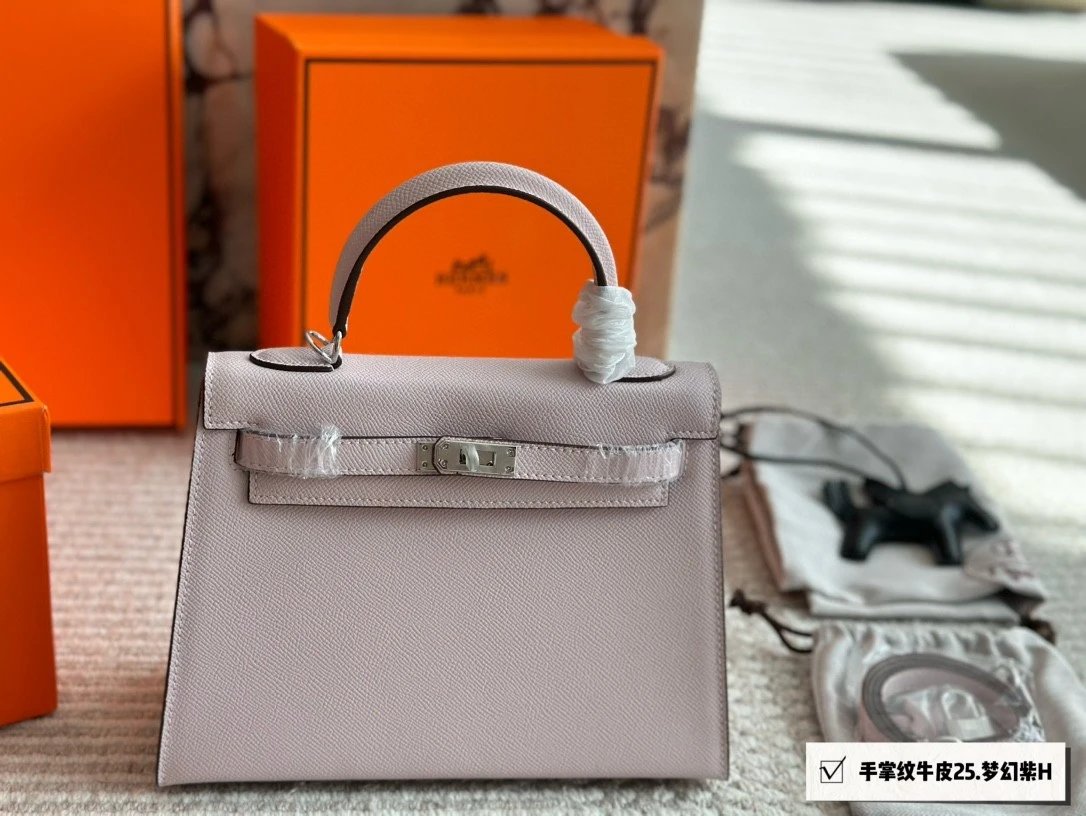 H Hermès-style women's bag New Kelly bag handbag palm print cowhide tote bag single shoulder crossbody bag Dreamy Purple Silver buckle