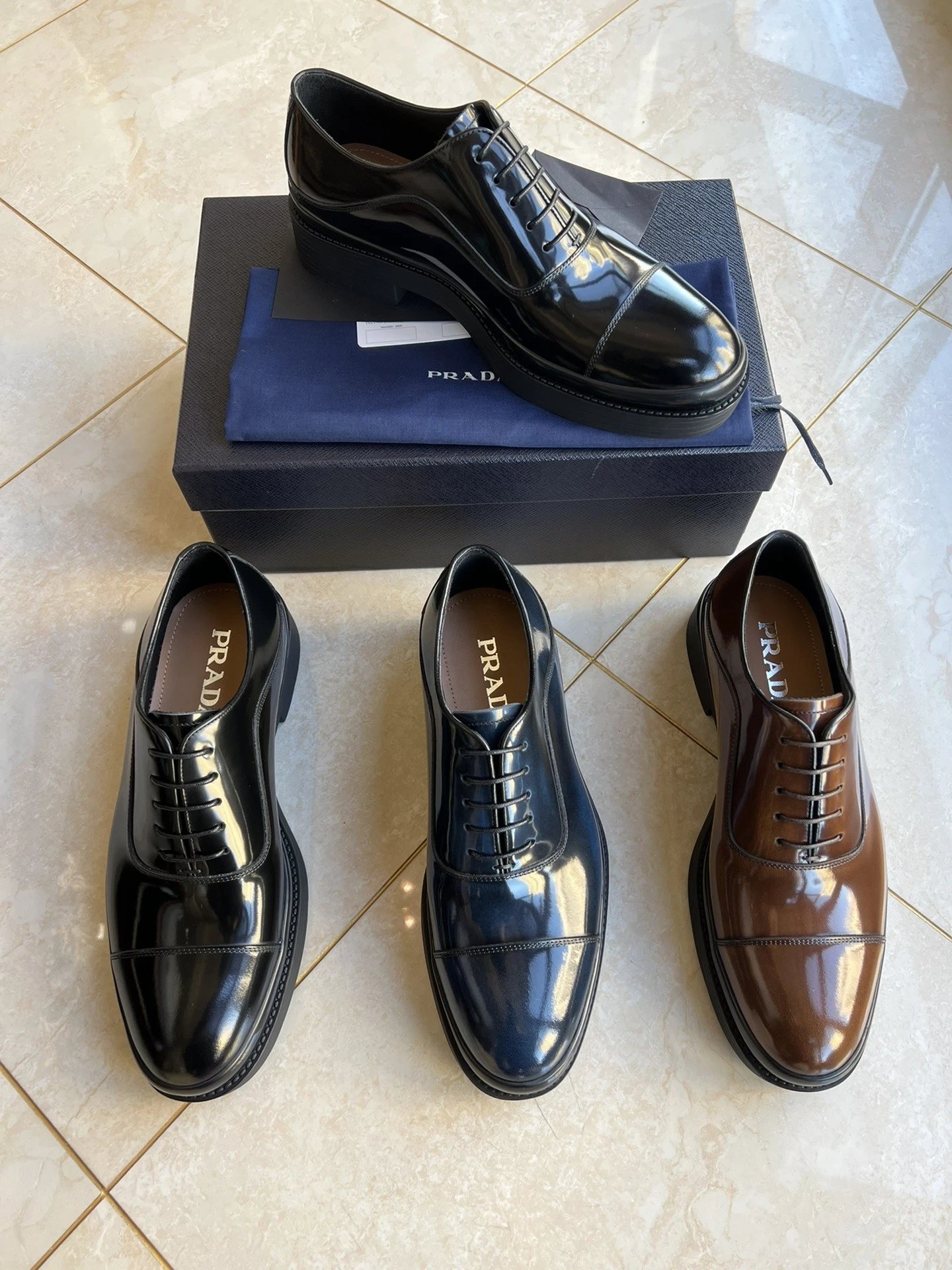 Prada shoes feature an imported colored leather upper, leather lining, TPU outsole, and slip-resistant design,