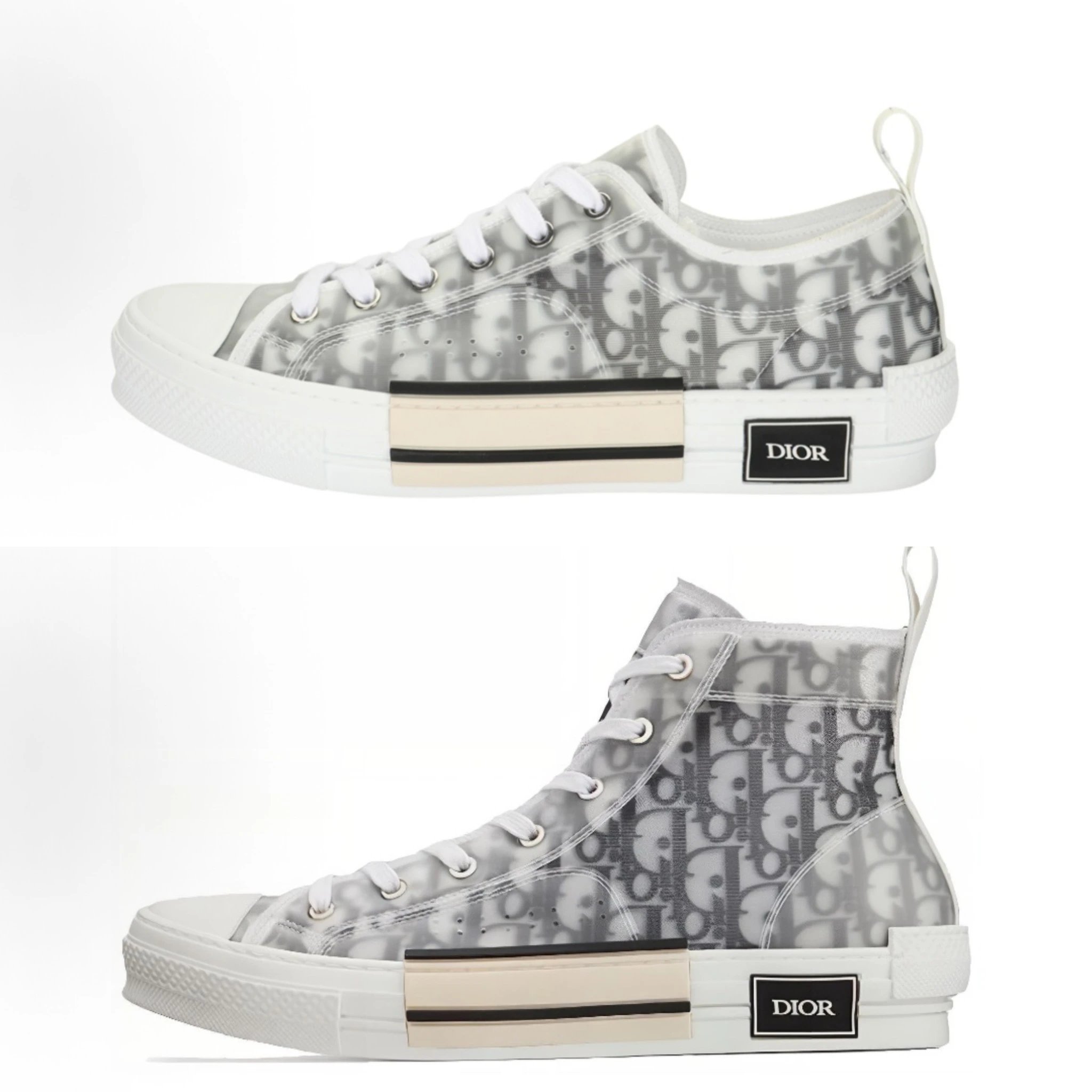 B23 Oblique technology fabric with full printed logo, fashionable lace up, low cut canvas shoes for men and women, white and black, high cut, white and black