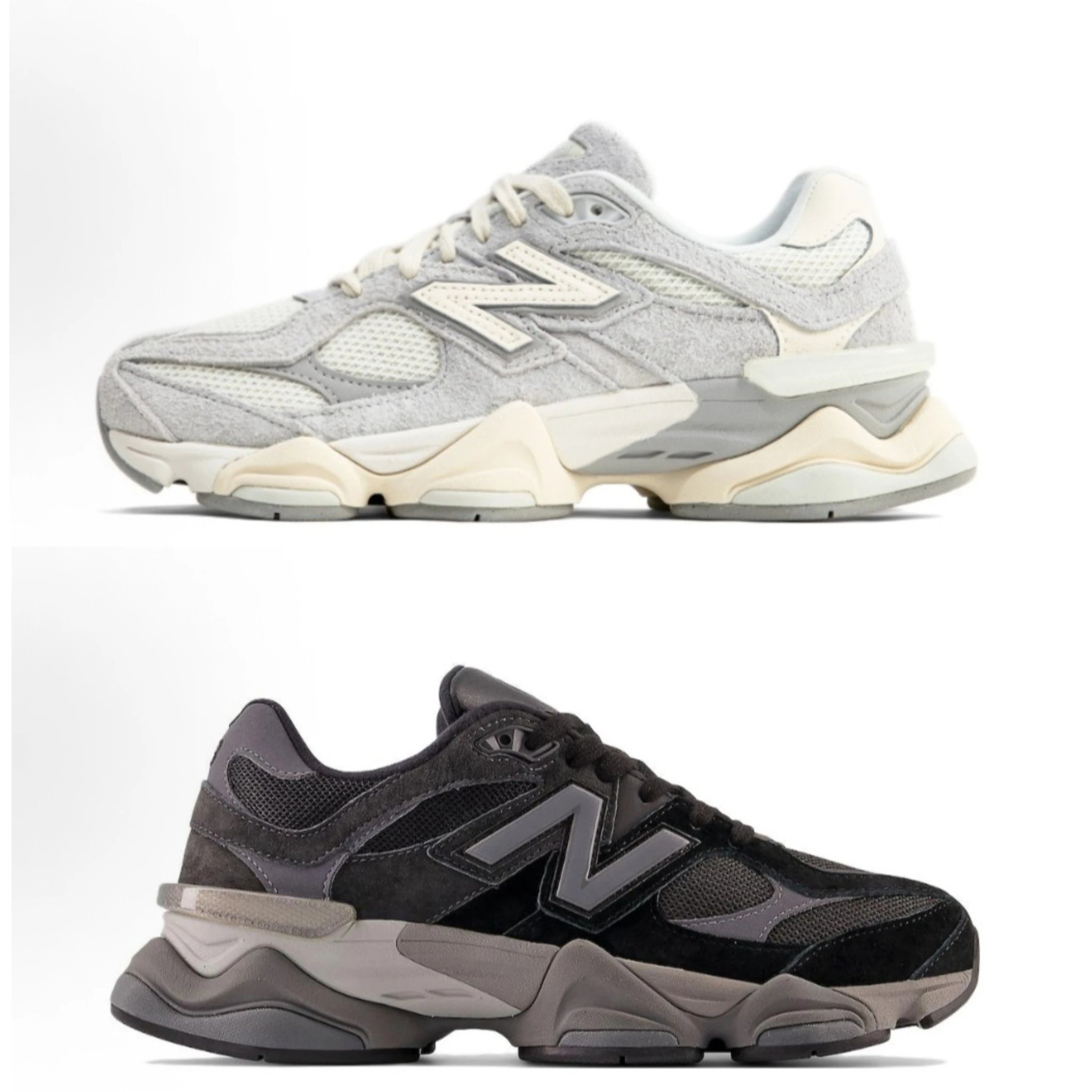 Clearance Final Sale / Top-Layer Pig Leather + Breathable Mesh New Balance 9060 Leather Athletic Comfort Low-Top Casual Lifestyle Shoes Unisex White-Gray & Black-Gray
