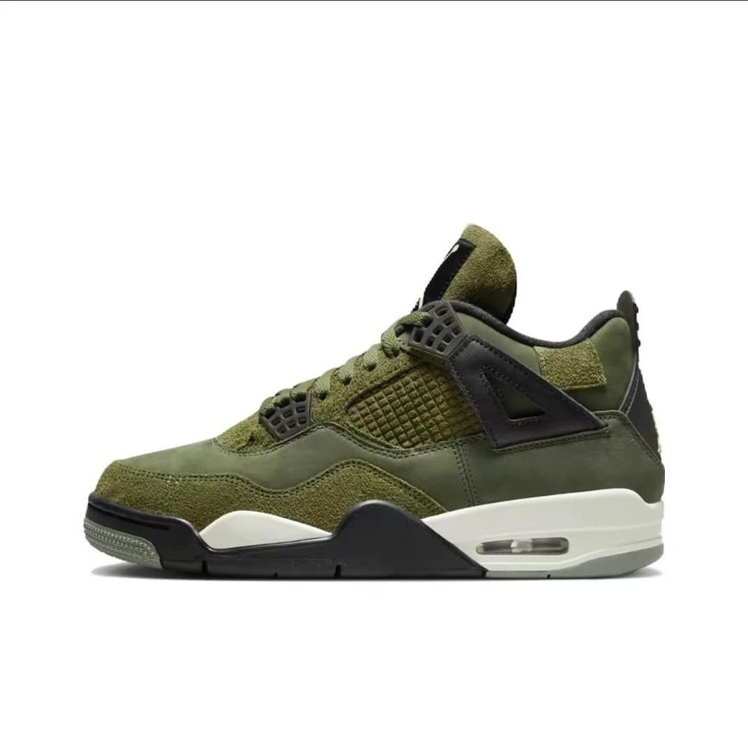 Genuine Leather + Real Air Cushion Suede Brushed Jordan Air Jordan 4 "Olive" Retro Basketball Shoes, Army Green – Cushioned, Non-Slip, Durable, Mid-Top, Men's AJ4 Basketball Sneakers, Athletic & Casual for Students, Warm & Water-Resistant