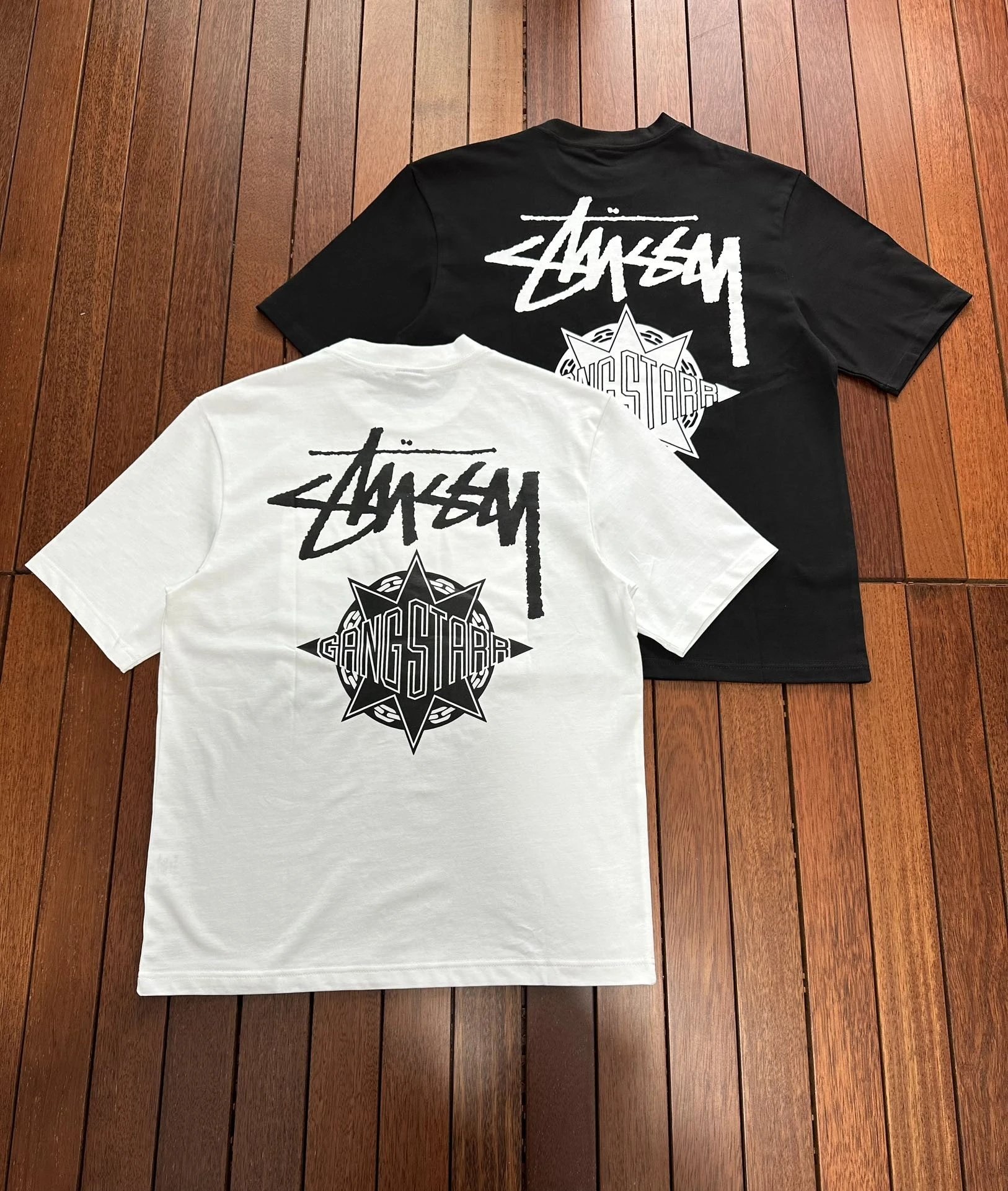 Stussy x GANGSTARR Collaboration SS23 Graphic Crewneck T-Shirt with Figure and Letter Print, Relaxed Fit Unisex, Made with Original 240gsm Double-Stitched Fabric, Shrink-Resistant and Anti-Pilling, Full Set of Original Three-Label Tags Included