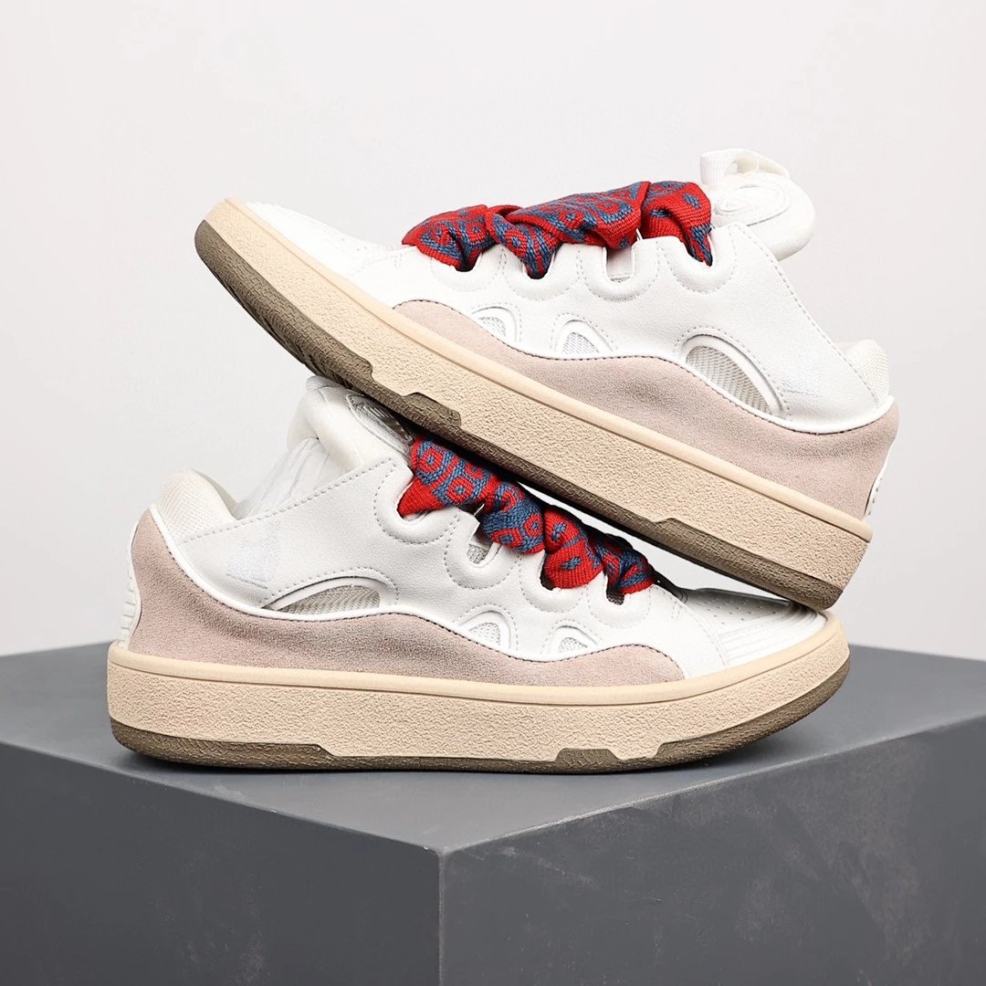 Lanvin Sneakers Low-top with wavy paneling and patterned laces — White-pink