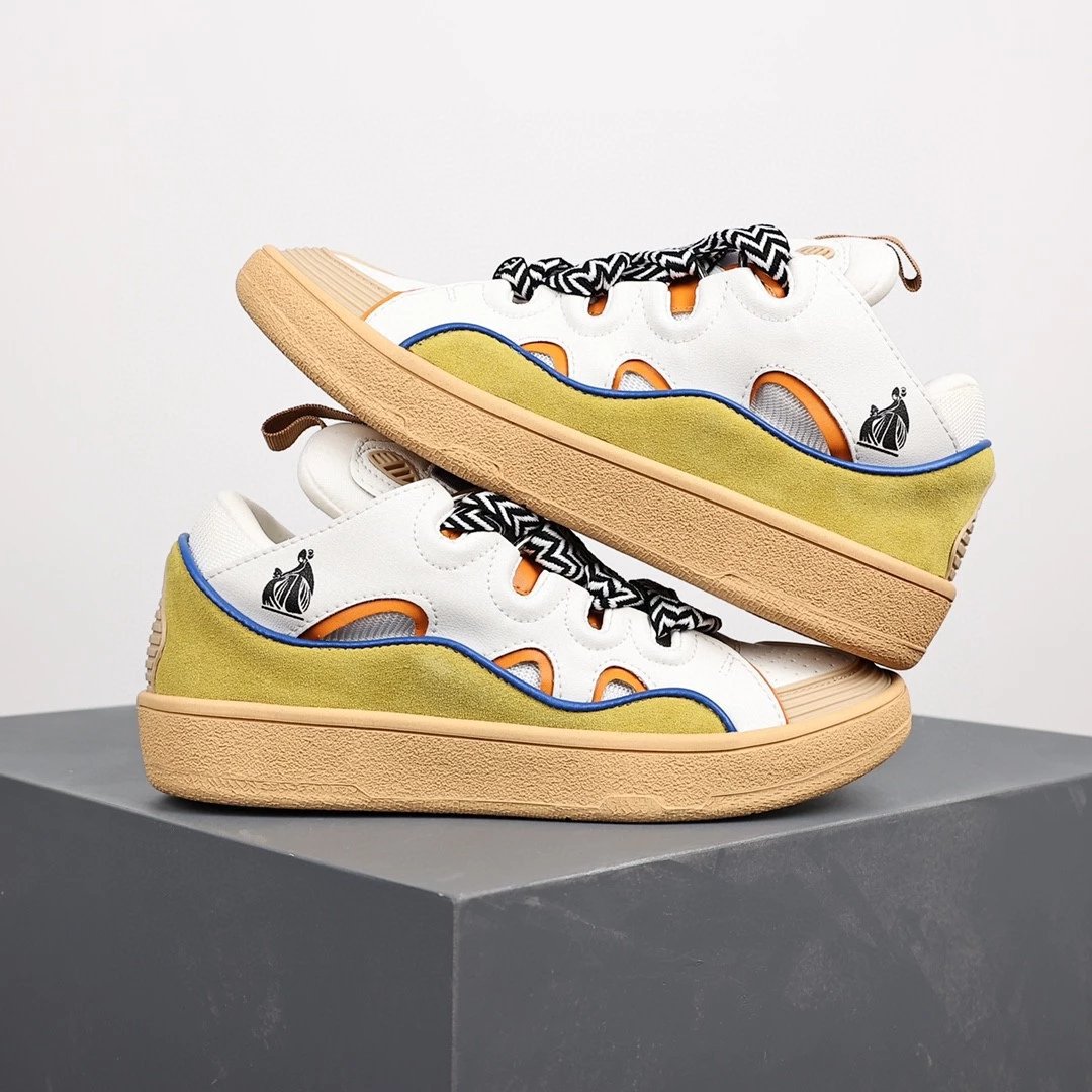 Lanvin Sneakers Low-top with wavy paneling and patterned laces — White yellow