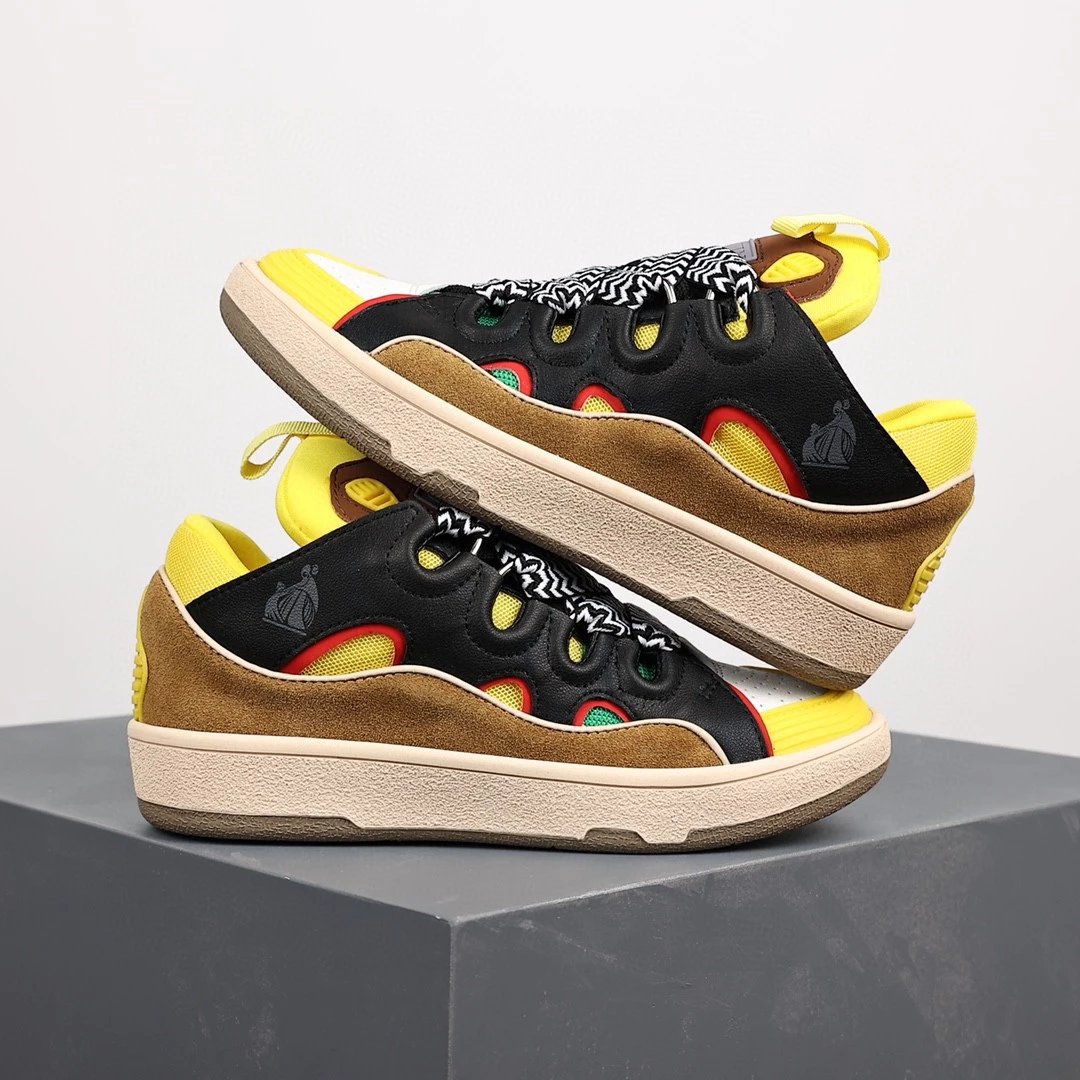 Lanvin Sneakers Low-top with wavy paneling and patterned laces — Black and yellow