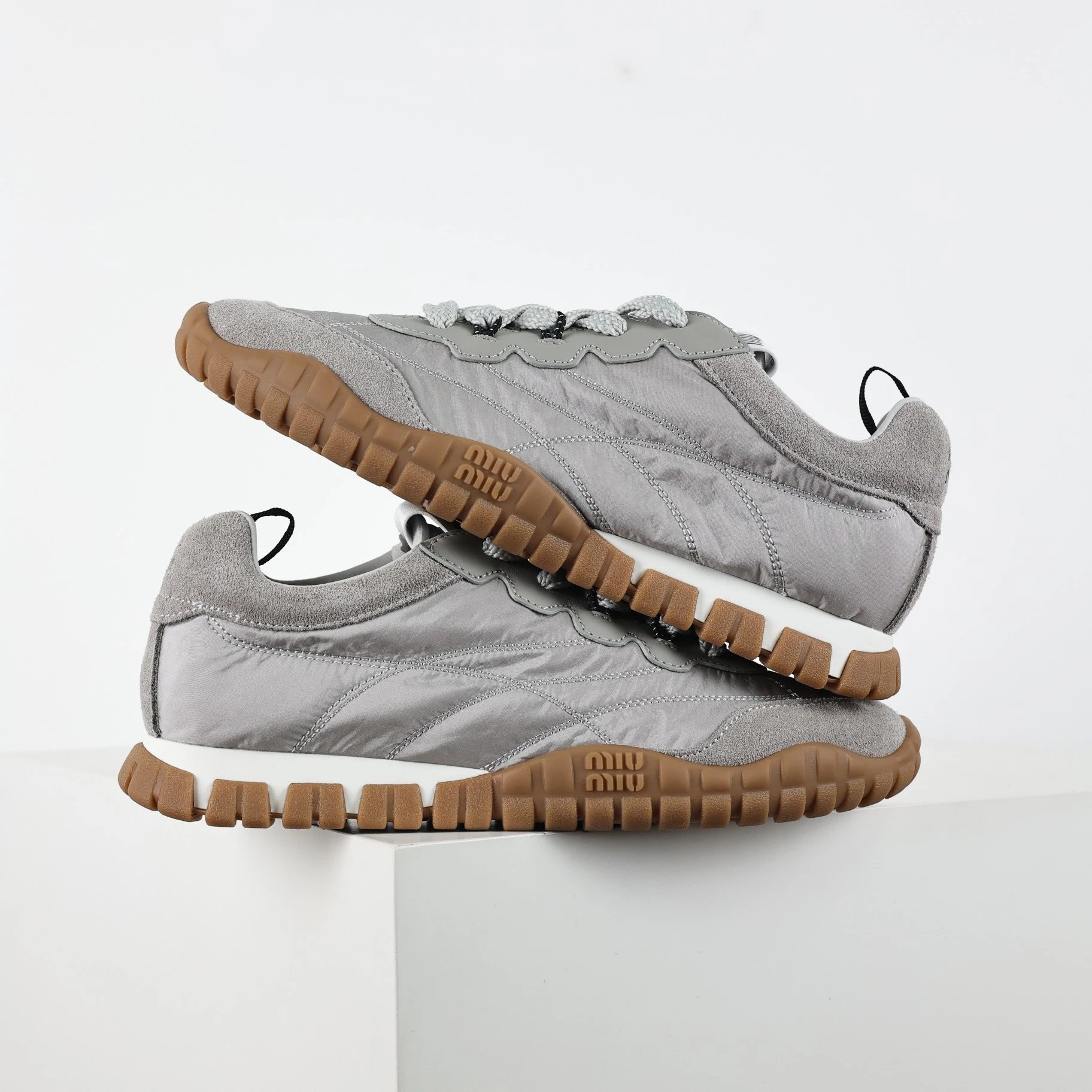 Miu Sneakers Nylon and suede lug-sole — gray