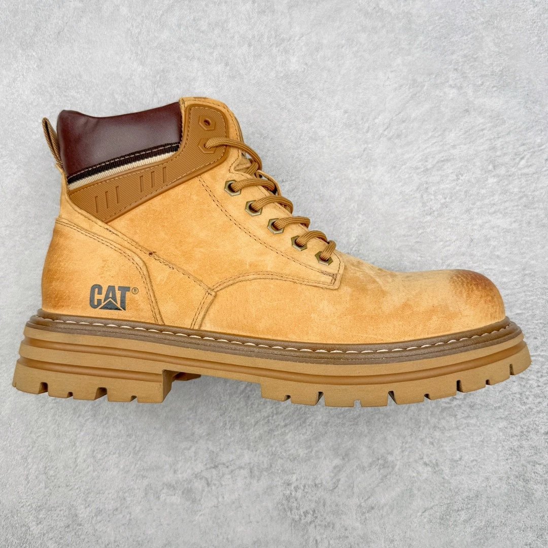 CAT Boots Lace-Up Work — Khaki with Burgundy Heel