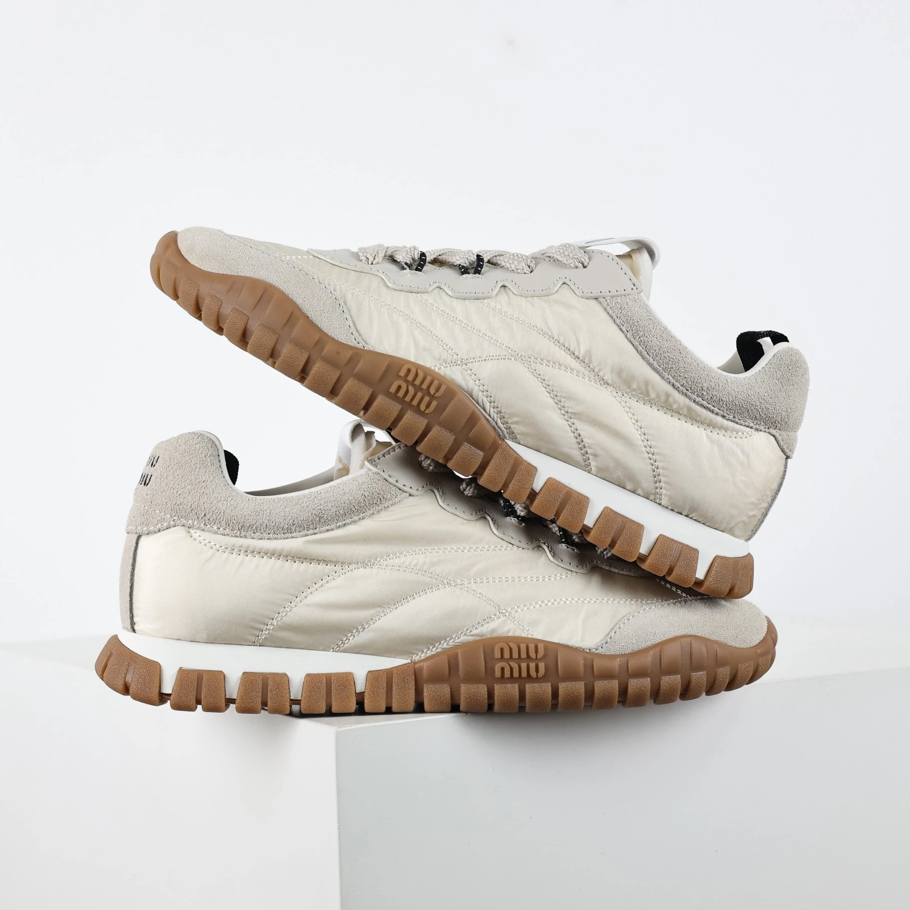 Miu Sneakers Nylon and suede lug-sole — Ivory white