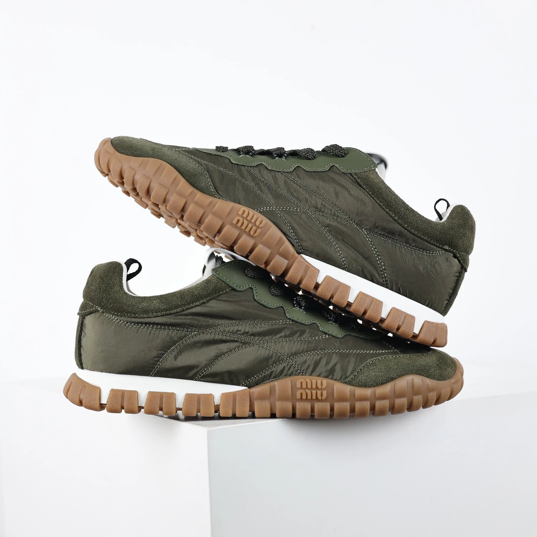 Miu Sneakers Nylon and suede lug-sole — army green