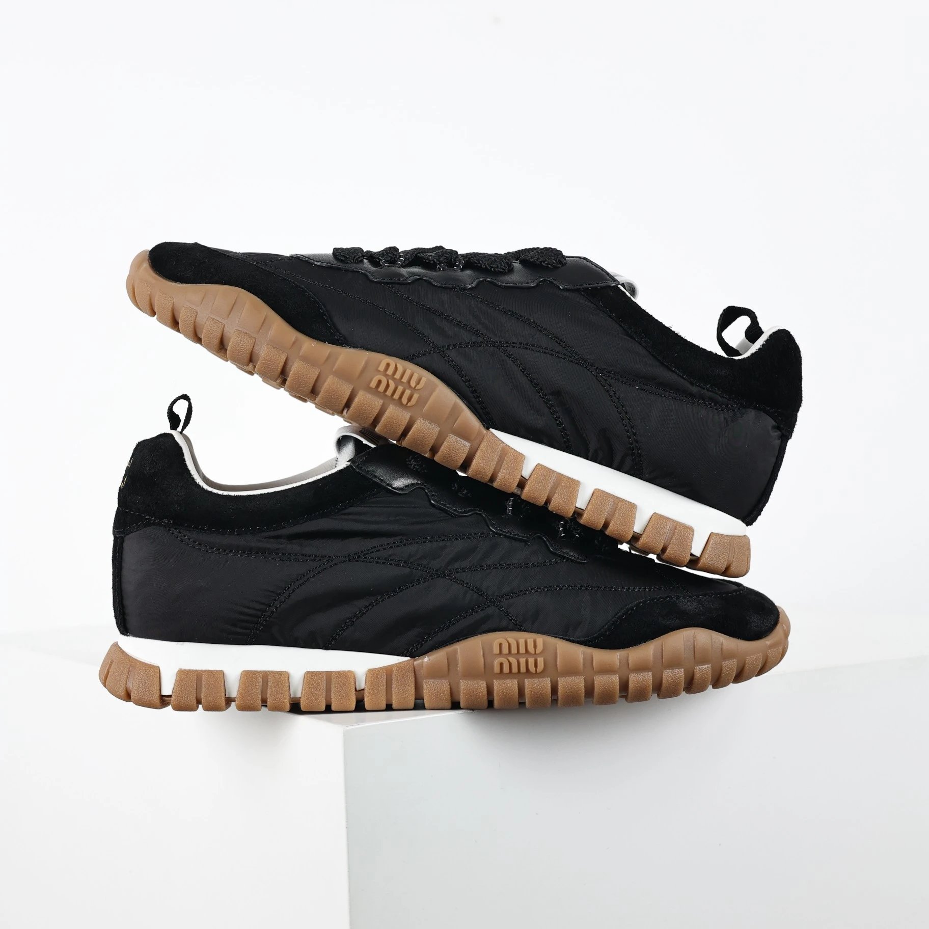 Miu Sneakers Nylon and suede lug-sole — Black