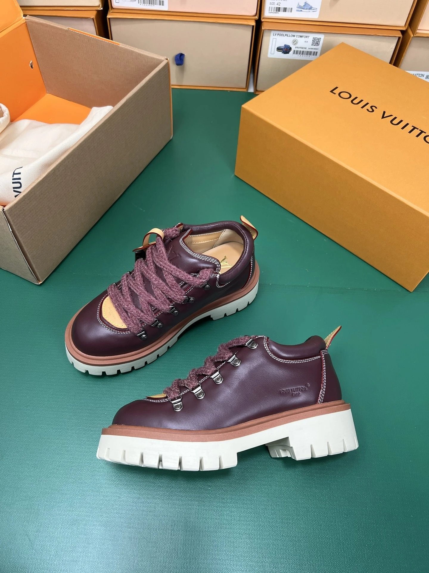 Louis Vuitton Boots Low-Top Workwear Lace-Up with Lug Soles — Wine red